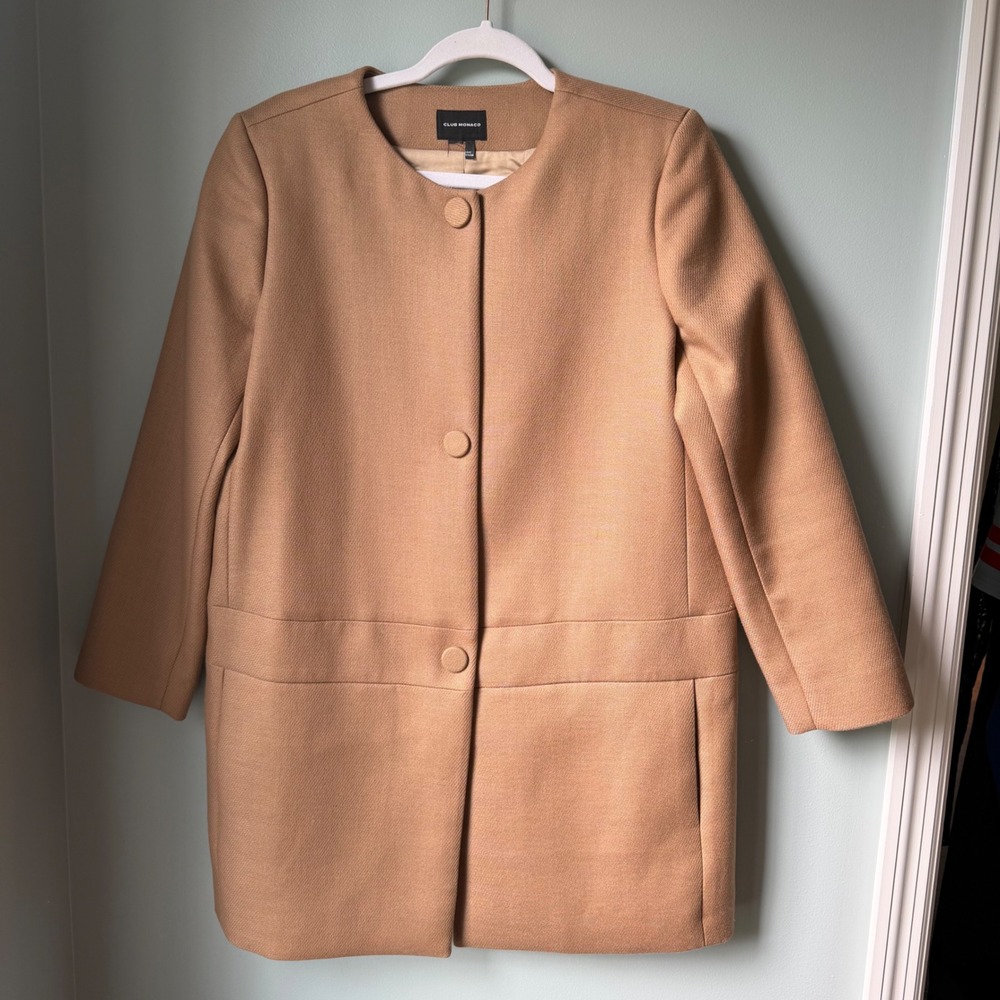 Club Monaco Wool Blend Coat Womens Large L Collarless Camel Beige Overcoat